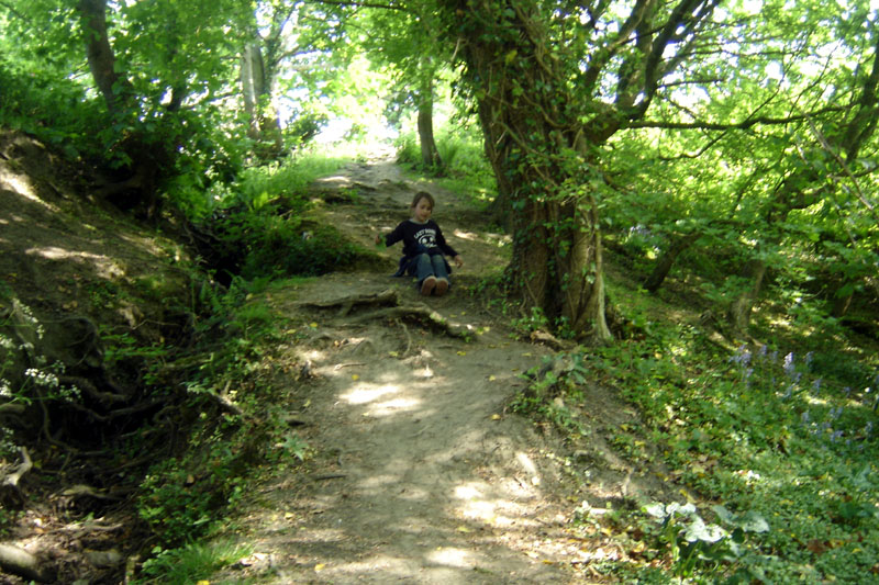 Slide Small girl sliding down hill in woods